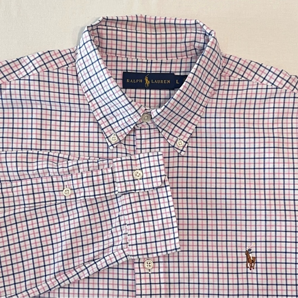 RALPH LAUREN Men’s Blue & Pink Plaid 100% Cotton Long Sleeves Flesh Pony Shirt